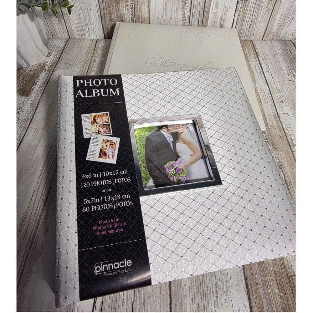 Pinnacle Silver Quilted & White Embossed Photo Album Set Wedding Keepsake 2pk